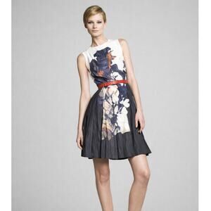 Cacharel A-Line Dress Womens 4 White Blue Floral Abstract Sleeveless Cottagecore